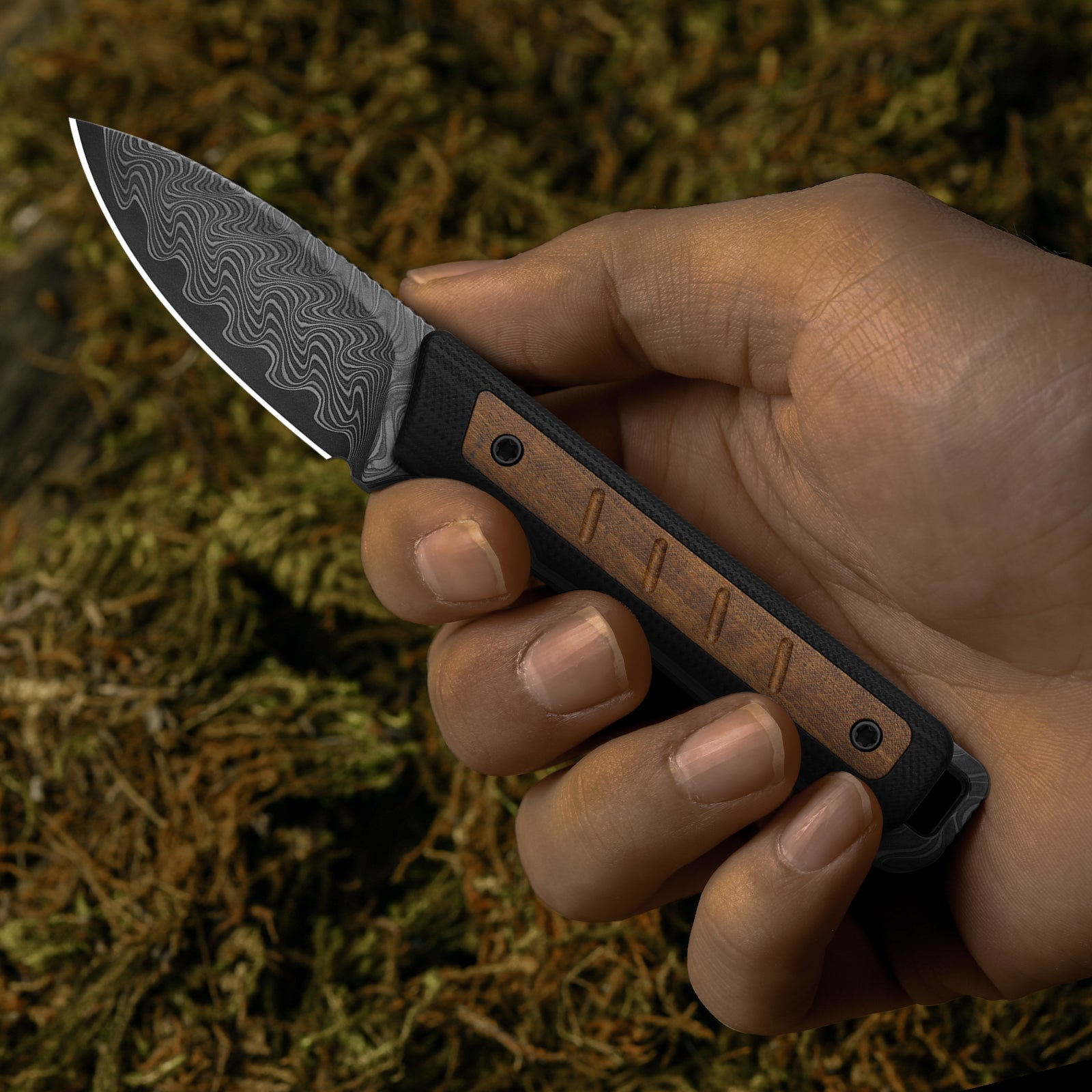 Whiskey Jack | Acid-washed Damascus | G10 & Mkuruti Wood | Skeletonized Tang | 1108A2