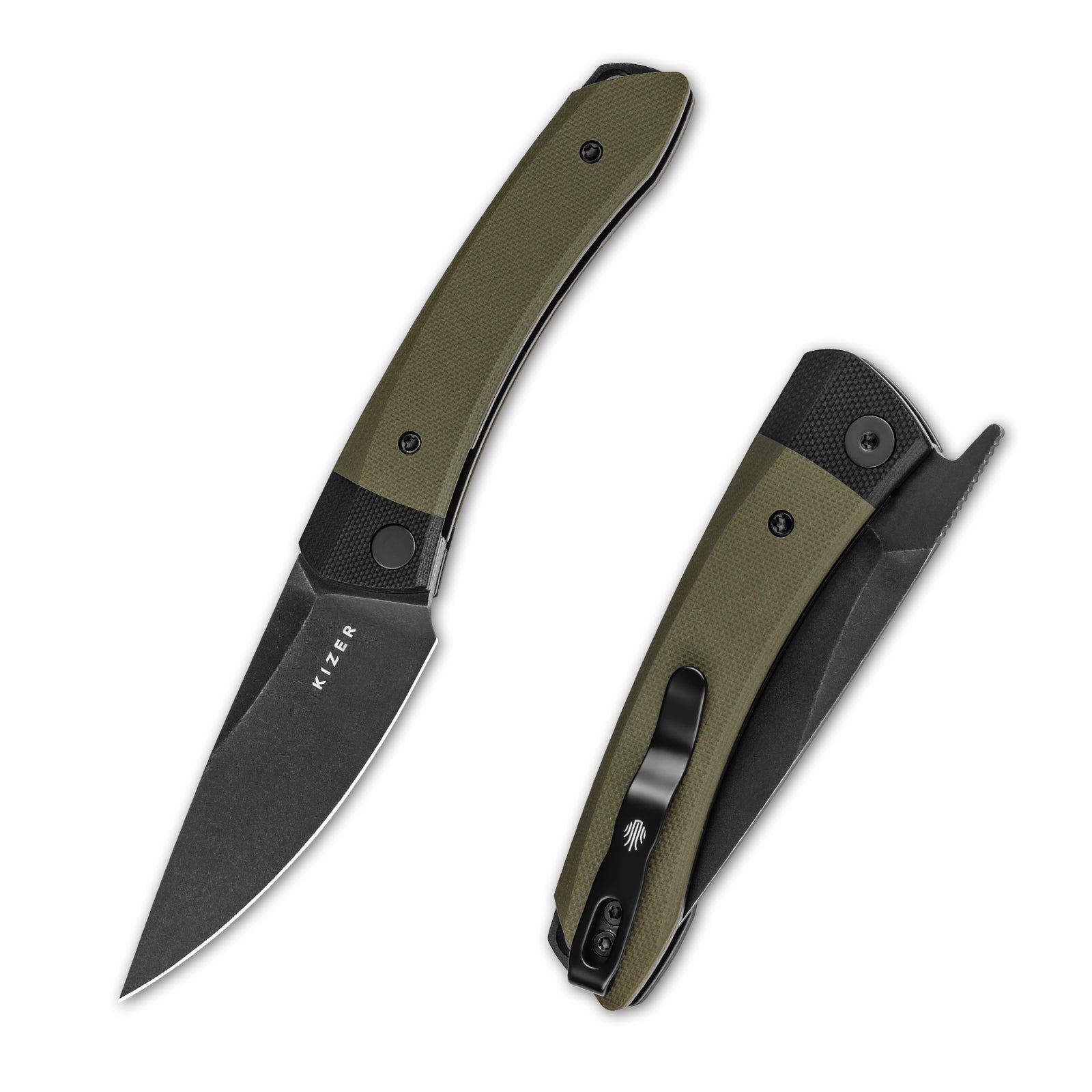 Mini Momo | D2 | Black G10+Olive Green G10 | KizerV™ 3663M2