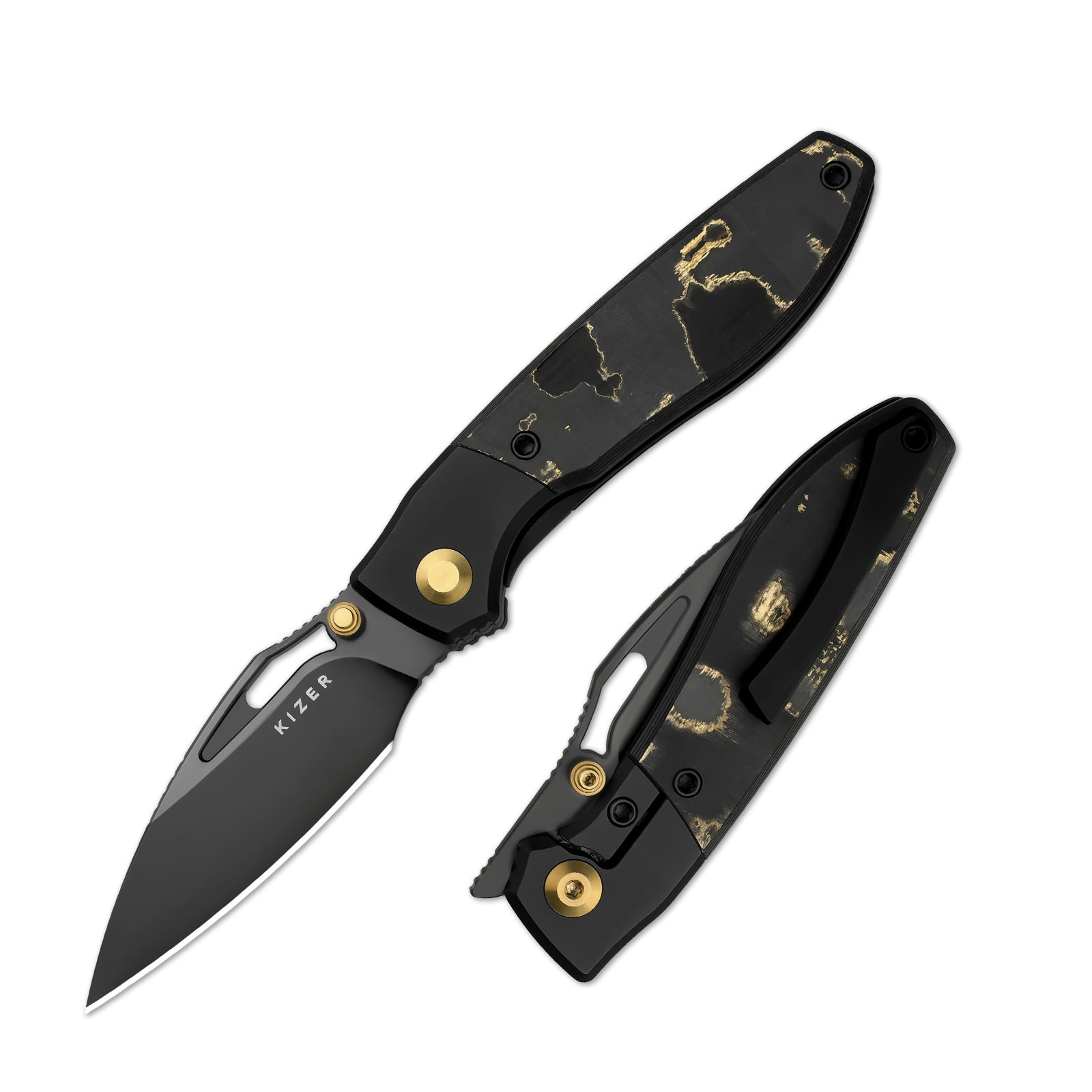 Shrike | S45VN | Titanium & Fat Carbon Camo Gold | Matte DLC Ultra | Front Flipper | Ki3746A2