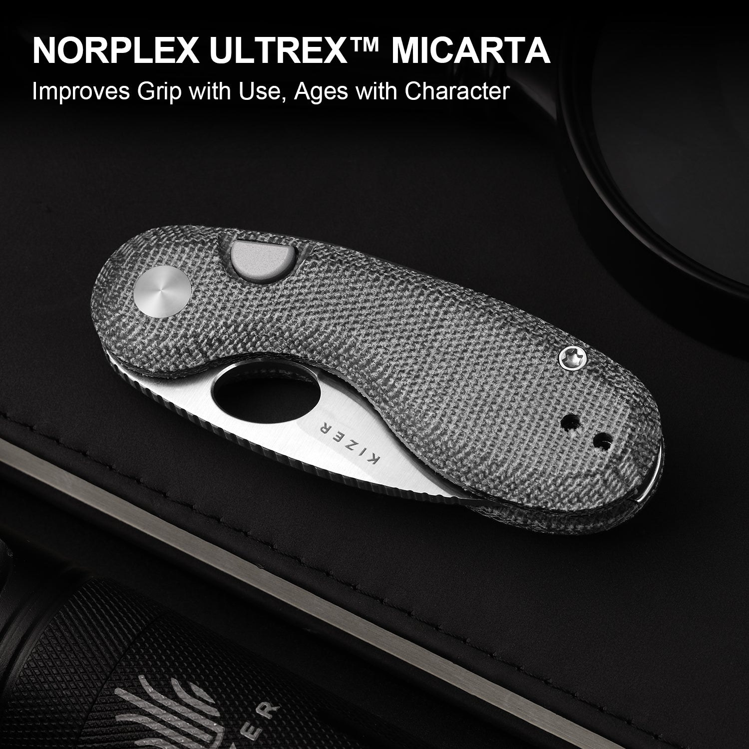 Microbe™ | Kizer Button Liner Lock™ | Norplex UltreX™ Micarta | 14C28N | KizerV™ 2742A2