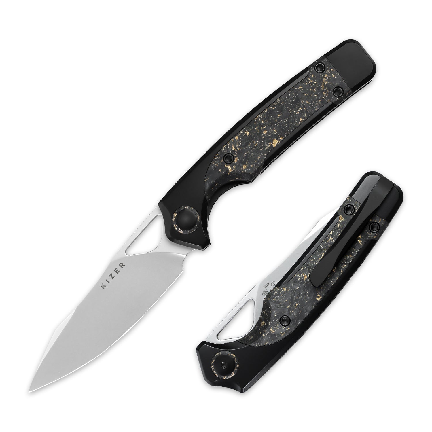 Ara 3.09 inch S45VN Titanium & Carbon Fiber Gold Flake Ki3729A1-Kizer
