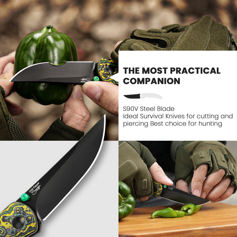 Kizer Chili Pepper S90V Blade Button Lock Fatcarbon Handle Ki3601A1 (3.03 " Black)