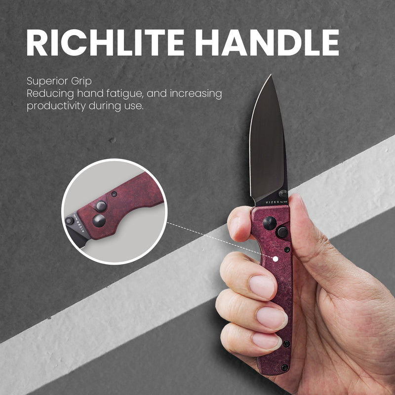 Kizer Original Button Lock Knife Red Richlite Handle V3605C3 (2.98" Black)