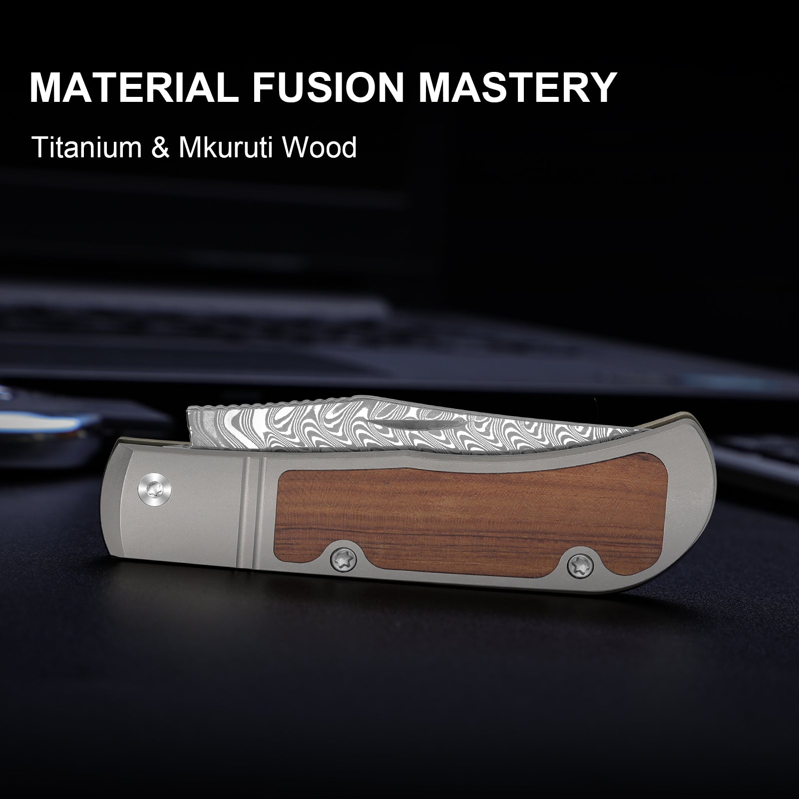 Trestle 2.9 Inch Damascus Titanium & Mkuruti Wood V3761A2-Kizer