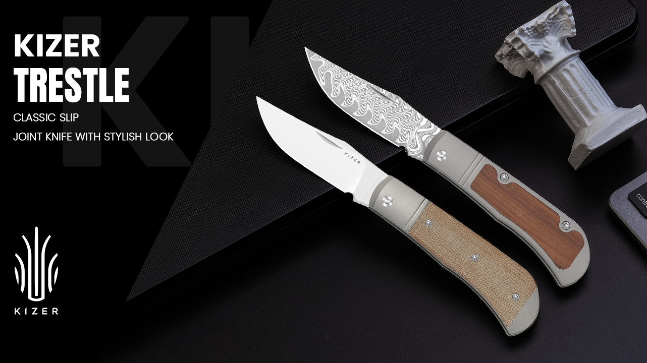 Trestle 2.9 Inch Damascus Titanium & Mkuruti Wood V3761A2-Kizer