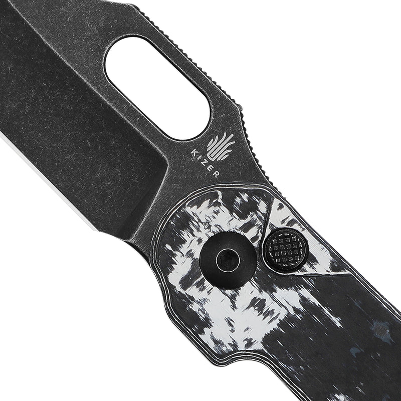 Kizer Cormorant S90V Blade Button Lock Knife Fatcarbon Handle Ki4562A7 (3.17”Black Stonewash)