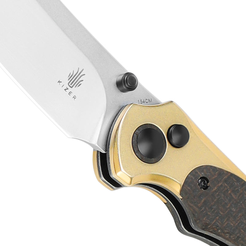 Kizer Clairvoyant 154CM Blade Button Lock Brass+Micarta Handle V4626C1 (3.70" Stonewash)