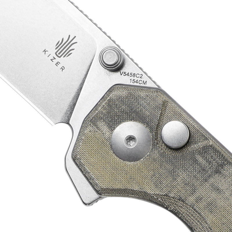 Kizer Begleiter(XL) Button Lock Knife Green Micarta V5458C2 (3.91"  Stonewash)
